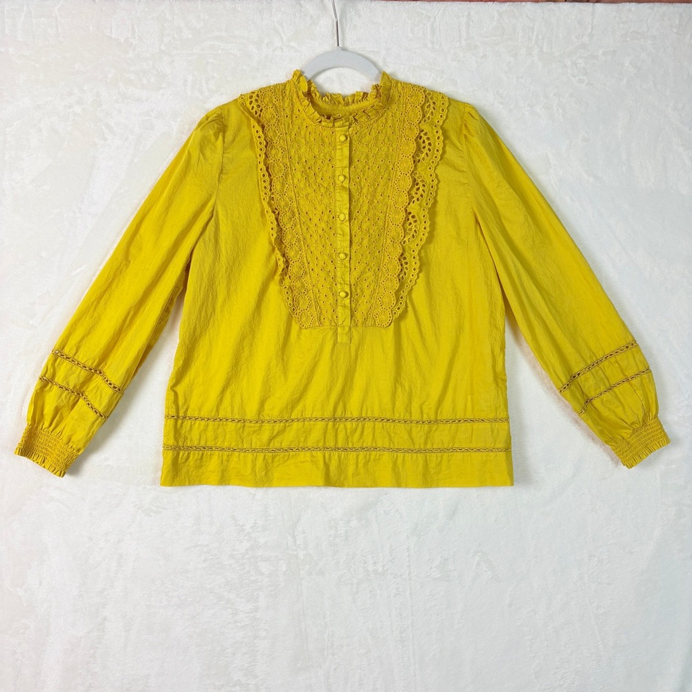 J.Crew Blouse Women Sz 8 Mustard Yellow Eyelet Lace Ruffle Bib 100% Cotton
